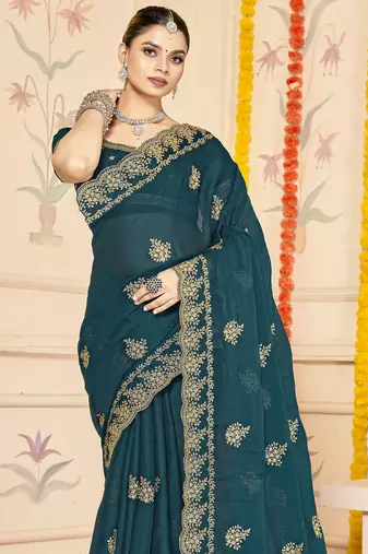 teal blue zari embroidered sequin work moss silk party wear saree