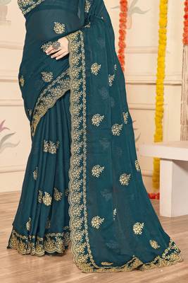 teal blue zari embroidered sequin work moss silk party wear saree 5