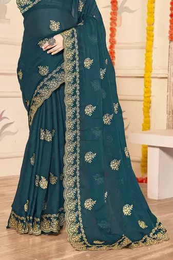 teal blue zari embroidered sequin work moss silk party wear saree