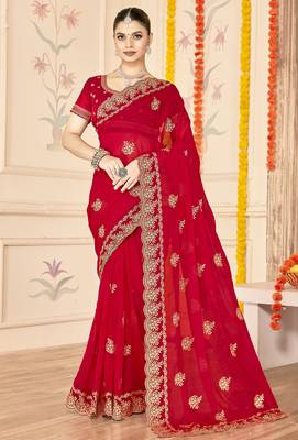 red zari embroidered sequin work moss silk party wear saree 1