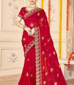 red zari embroidered sequin work moss silk party wear saree
