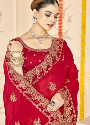 red zari embroidered sequin work moss silk party wear saree 2