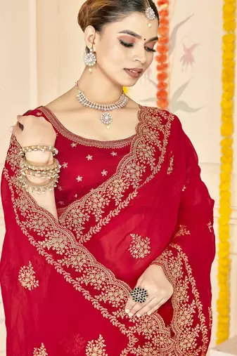 red zari embroidered sequin work moss silk party wear saree
