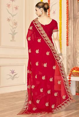 red zari embroidered sequin work moss silk party wear saree 3