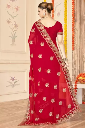red zari embroidered sequin work moss silk party wear saree