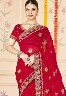 red zari embroidered sequin work moss silk party wear saree 4
