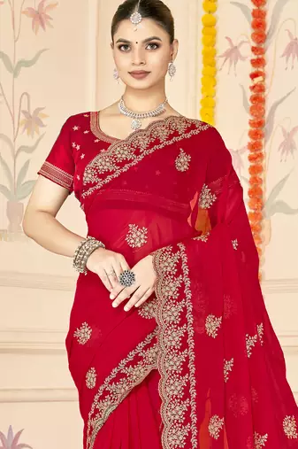 red zari embroidered sequin work moss silk party wear saree