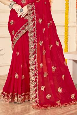 red zari embroidered sequin work moss silk party wear saree 5