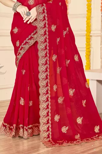 red zari embroidered sequin work moss silk party wear saree