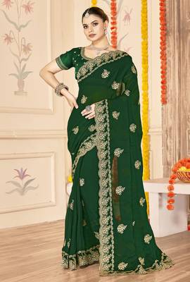 bottle green zari embroidered sequin work moss silk party wear saree 1
