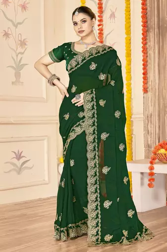 bottle green zari embroidered sequin work moss silk party wear saree
