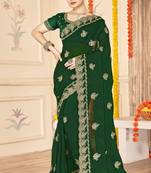 bottle green zari embroidered sequin work moss silk party wear saree
