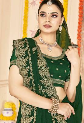 bottle green zari embroidered sequin work moss silk party wear saree 2