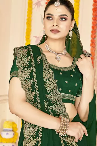 bottle green zari embroidered sequin work moss silk party wear saree