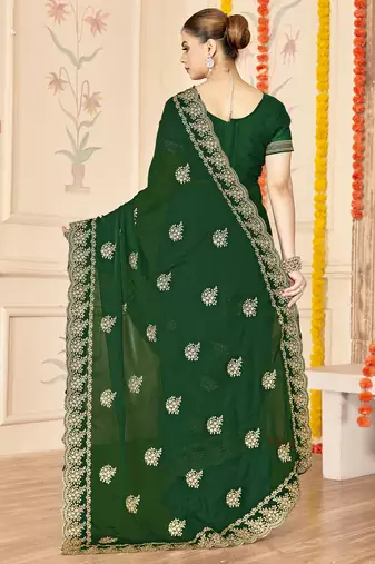 bottle green zari embroidered sequin work moss silk party wear saree