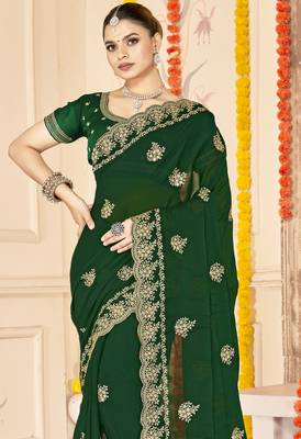 bottle green zari embroidered sequin work moss silk party wear saree 4