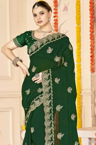 bottle green zari embroidered sequin work moss silk party wear saree