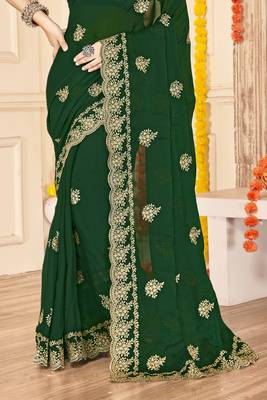 bottle green zari embroidered sequin work moss silk party wear saree 5