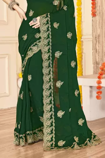 bottle green zari embroidered sequin work moss silk party wear saree