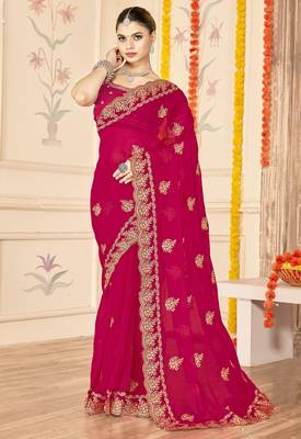 magenta zari embroidered sequin work moss silk party wear saree 1