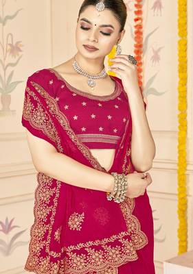 magenta zari embroidered sequin work moss silk party wear saree 2