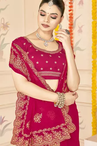 magenta zari embroidered sequin work moss silk party wear saree