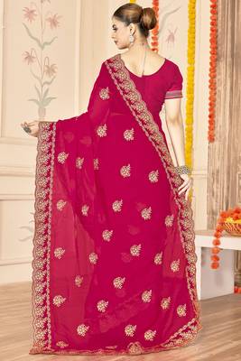 magenta zari embroidered sequin work moss silk party wear saree 3