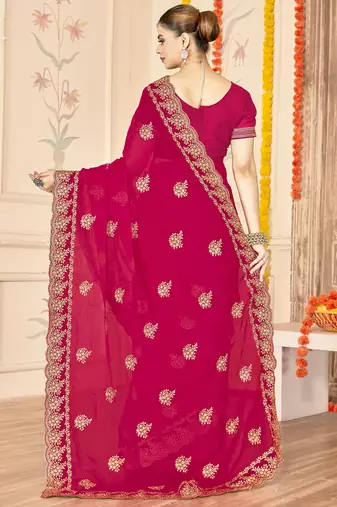 magenta zari embroidered sequin work moss silk party wear saree