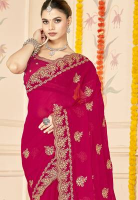 magenta zari embroidered sequin work moss silk party wear saree 4