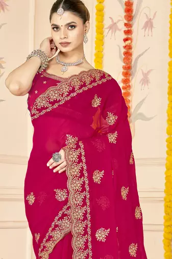 magenta zari embroidered sequin work moss silk party wear saree