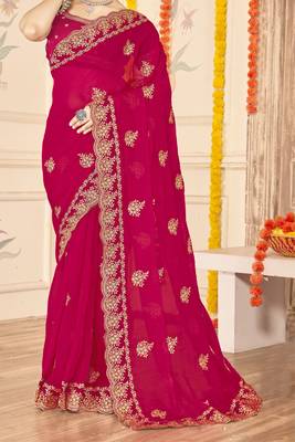 magenta zari embroidered sequin work moss silk party wear saree 5