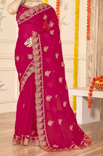 magenta zari embroidered sequin work moss silk party wear saree