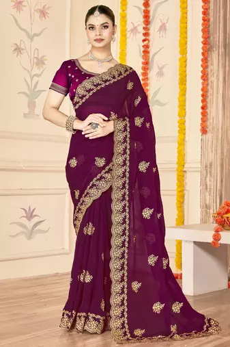 wine zari embroidered sequin work moss silk party wear saree