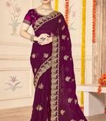 wine zari embroidered sequin work moss silk party wear saree