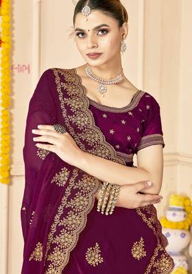 wine zari embroidered sequin work moss silk party wear saree 2