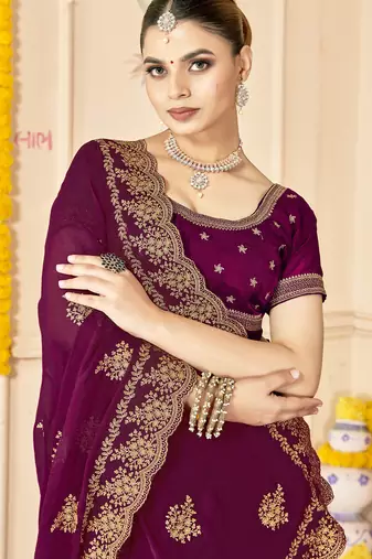 wine zari embroidered sequin work moss silk party wear saree