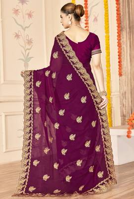 wine zari embroidered sequin work moss silk party wear saree 3