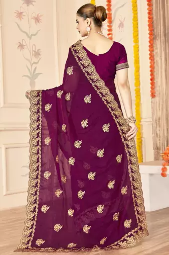 wine zari embroidered sequin work moss silk party wear saree