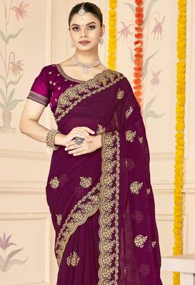 wine zari embroidered sequin work moss silk party wear saree 4