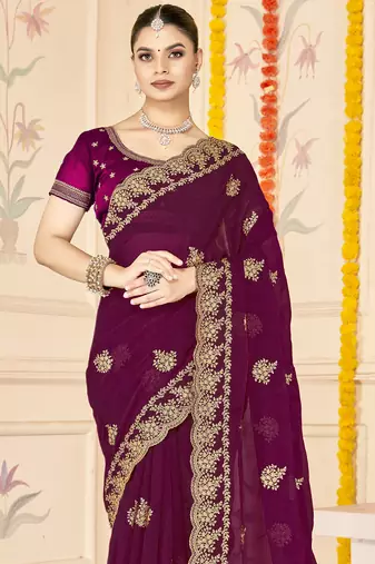 wine zari embroidered sequin work moss silk party wear saree