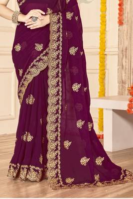 wine zari embroidered sequin work moss silk party wear saree 5