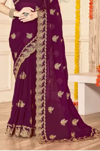 wine zari embroidered sequin work moss silk party wear saree