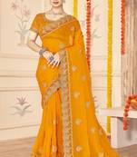 mustard zari embroidered sequin work moss silk party wear saree