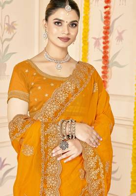 mustard zari embroidered sequin work moss silk party wear saree 2
