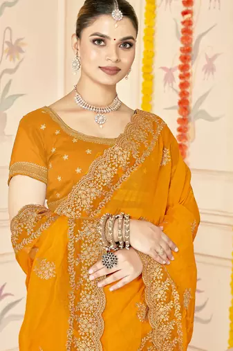 mustard zari embroidered sequin work moss silk party wear saree