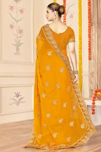 mustard zari embroidered sequin work moss silk party wear saree