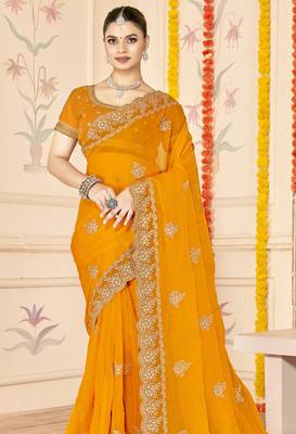 mustard zari embroidered sequin work moss silk party wear saree 4