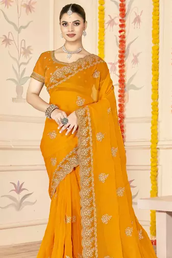 mustard zari embroidered sequin work moss silk party wear saree