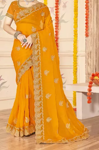 mustard zari embroidered sequin work moss silk party wear saree