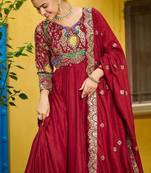 Maroon vichitra fabric thread zari embroidered gown with dupatta
